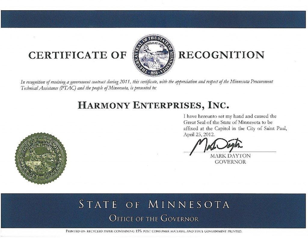 Certificate from Governor Dayton