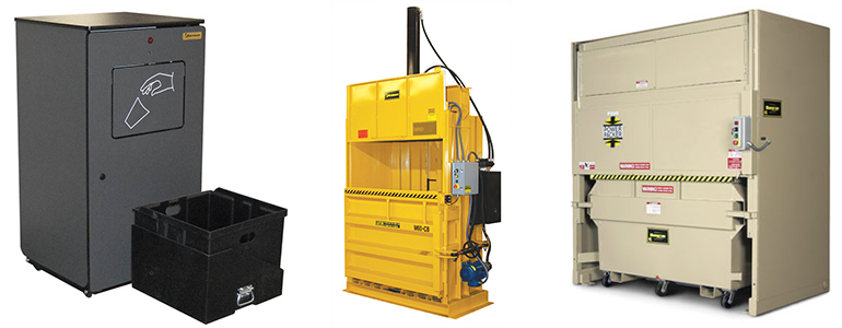 Harmony waste & recycling equipment rental, SmartPack Automatic Trash Compactor, SP-20 / Vertical Cardboard Baler, M60CB / Chute Fed Outdoor Power Packer, P200