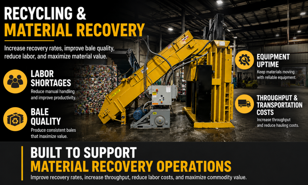 Material recovery facility equipment improving recycling throughput and bale quality
