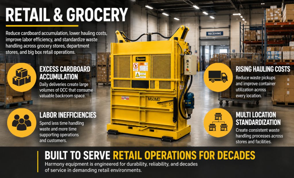 Retail waste and recycling equipment helping grocery stores reduce cardboard accumulation and hauling costs