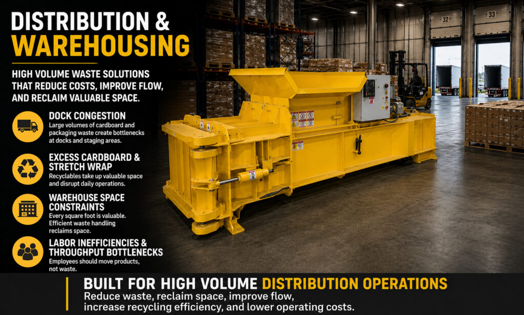 Distribution center waste and recycling equipment improving warehouse efficiency and material flow